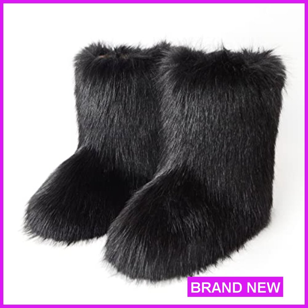 Faux Fur Snow Boots Mid-Calf Winter Shoes Fuzzy Flurry Leg Warmers - Picture 3 of 7